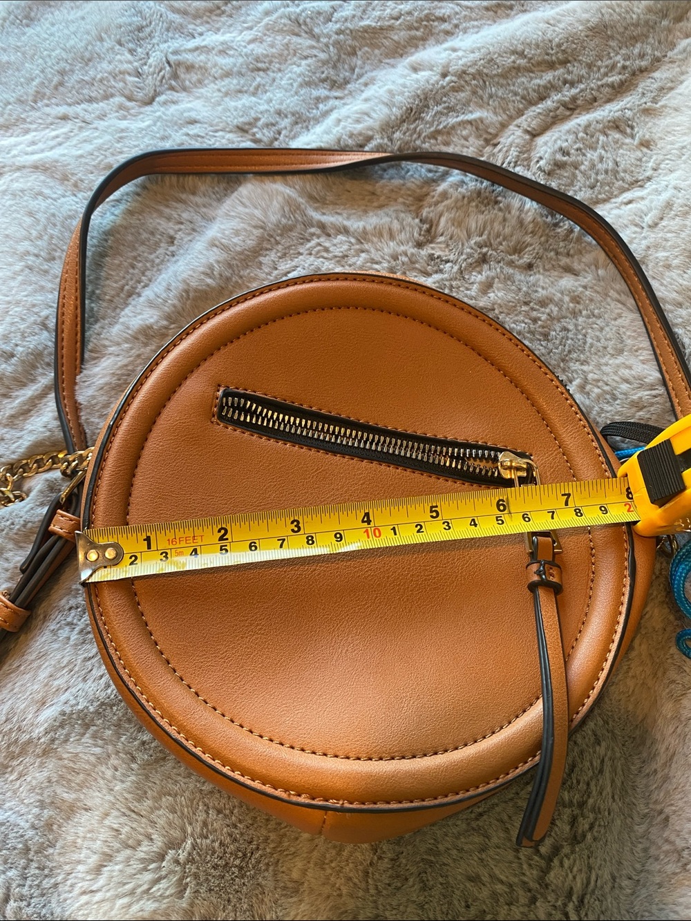 Round Tan Crossbody Bag with Gold Zipper